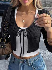 DAZY Solid Tie Front Crop Tee Long Sleeve Women Tops - Black - View 8
