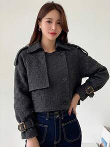 DAZY 女士纯色休闲百搭长袖风衣 - 黑色 - 查看 3