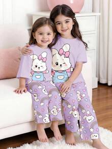 Cute Rabbit, Rainbow, Heart Print Baby Girls Loose Fit Loungewear Set, Suitable For Summer Daily, Home, Chill Day - Multicolor - View 1