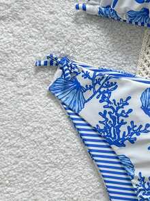 SHEIN Teen Girls' Summer Beach Vacation Blue & White Ocean Creature Print Halter Bikini Set - Blue and White - View 8