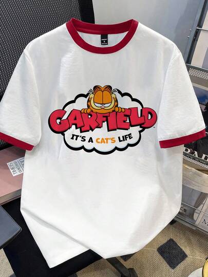 GARFIELD | SHEIN Manfinity Joysei Men's Cartoon Letter Print Contrast Color Round Neck Short Sleeve T-Shirt