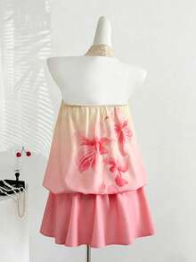 Tween Girl Floral Print Ruffle Hem Halter Romper - Multicolor - View 2