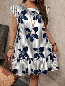 Breezaya Plus Size Women Round Neck Ruffle Sleeve Floral Print Loose Summer Vacation Dress - Blue - View 1