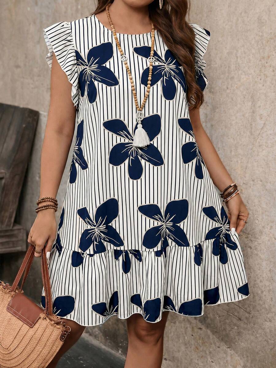 Breezaya Plus Size Women Round Neck Ruffle Sleeve Floral Print Loose Summer Vacation Dress - Blue - View 1