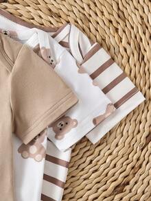 SHEIN Playful Pals 6件/3套新生儿短袖连体衣裤套装，柔软针织面料，可爱小熊图案 - 彩色 - 查看 6