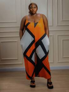 CurvyTilda Mono de tirantes finos de pierna ancha con bloques de color para playa de verano, adecuado para salir y vacaciones, para Body de reloj de arena, talla grande - Naranja Quemada - Ver 3