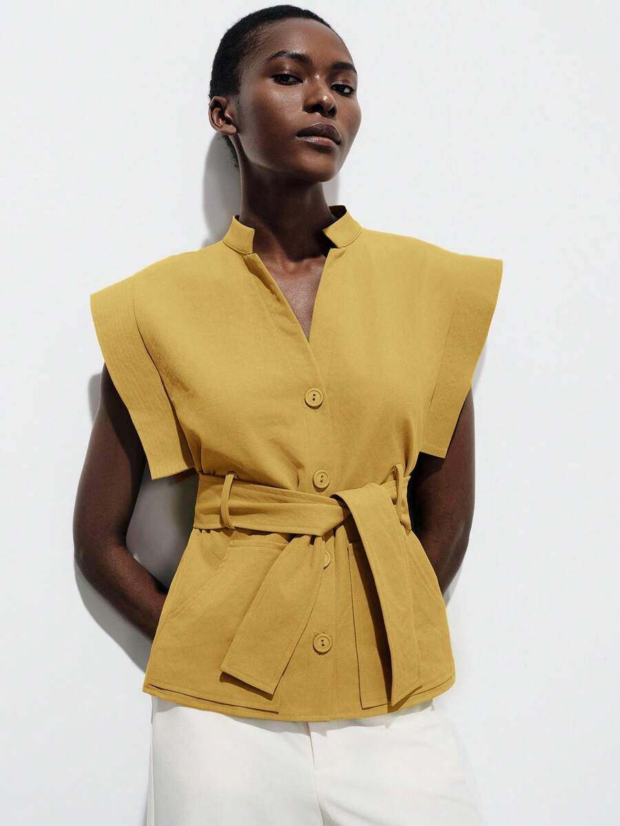 Aveloria Modichic European And American Style Fashionable Versatile Solid Color Cap Sleeve V-Neck Tie Waist Sleeveless Blouse, Spring/Summer - Mustard Yellow - View 1