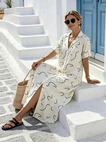 EMERY ROSE Đầm sơ mi tay ngắn cổ ve lật, kiểu dáng thường ngày, phong cách nghỉ mát mùa hè dành cho nữ, in họa tiết toàn thân, có khuy cài. - trắng - Xem 6