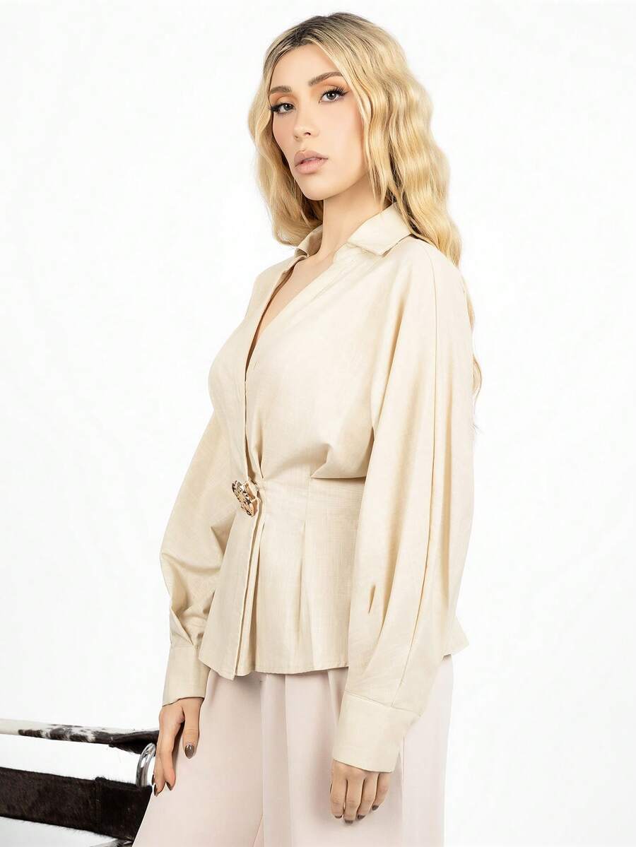PRISCILA ESCOTO PRISCILA ESCOTO Stylish Metallic Pleated Elegant Fitted Cotton Blouse For Women, 100% Cotton Fitted A-Line Long Sleeve Blouse. Winter Spring - Apricot - View 1