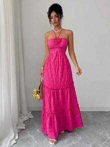Elenzga Women's Elegant Solid Color 3D Floral Backless Halter Dress - Hot Pink - View 6