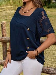 EMERY ROSE Plus Size Solid Color Mesh Patchwork Loose Elegant Short Sleeve Navy Blue Blouse,Summer Vacation - Navy Blue - View 4