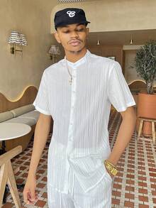 Ngobest Haus Ngobest Haus 2pcs Men Casual Solid Color Textured Short Sleeve Shirt And Drawstring Waist Loose Straight-Leg Pants Set, Men Two Pieces Outfits, Men Clothes, Cozy Outfits - White - View 4