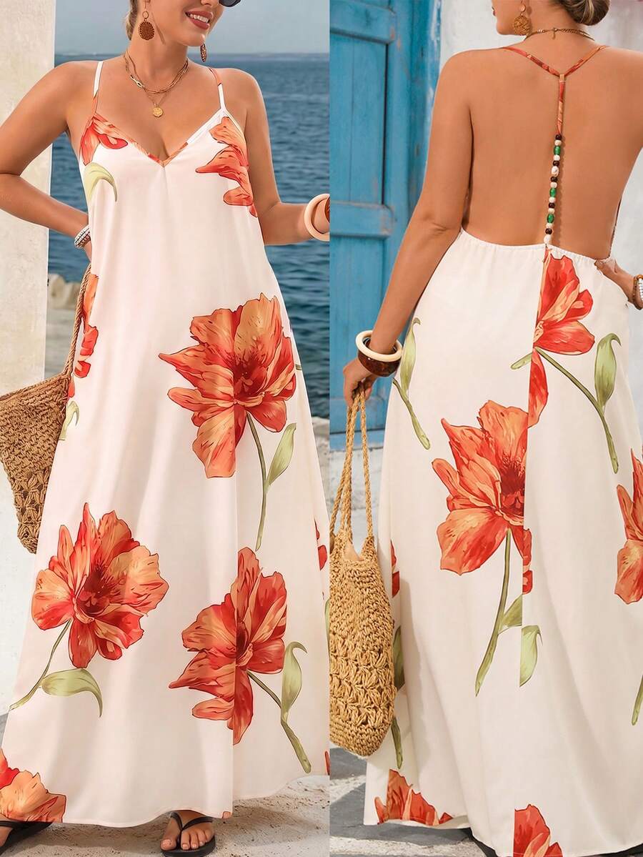 Breezaya Casual Vacation Style Random Print Backless Plus Size Dress For Women - Orange - View 1