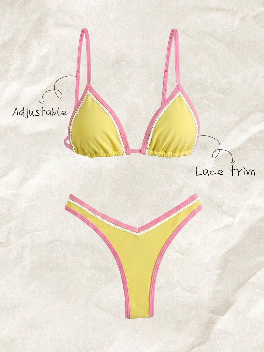 Elavelle Bộ bikini 2 mảnh mùa hè dành cho nữ, họa tiết hoa ngẫu nhiên, dây mảnh, viền bèo nhún. - Nhiều màu - Xem 1