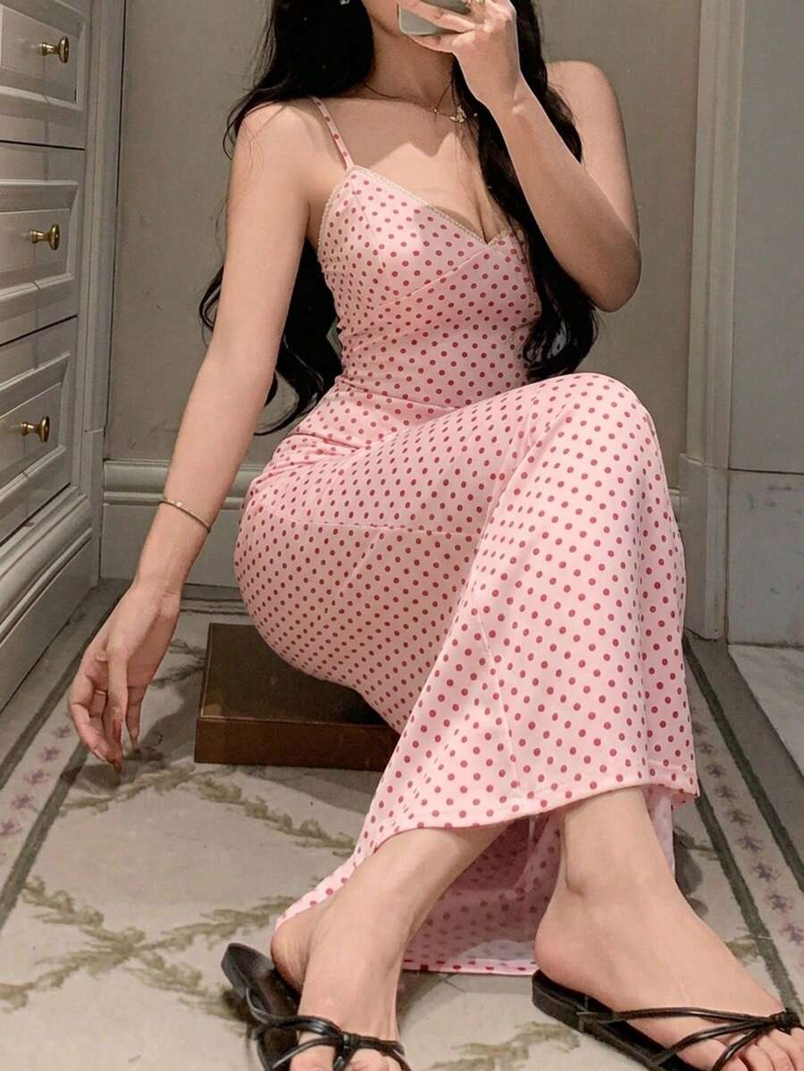 DAZY 迷人波點滿版印花修身無袖洋裝,女款夏季睡裙睡衣 - 粉色 - 查看 1