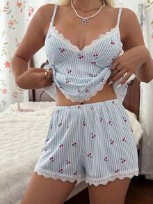 CottageSlumber Women's Romantic Cherry Pattern Lace Decorated Pajama Set - Blue - View 7