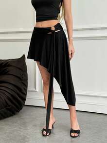 SHEIN Falda de cintura baja con diseño drapeado asimétrico y hebilla decorativa, adecuada para vacaciones, té de la tarde, citas, compras - Gris Oscuro - Ver 4