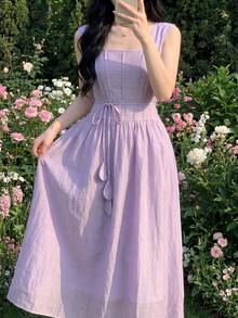 Feyla Plus Size Women Elegant Solid Color Belted Dress Evening Formal Wedding Light Purple Summer - Dusty Purple - View 6