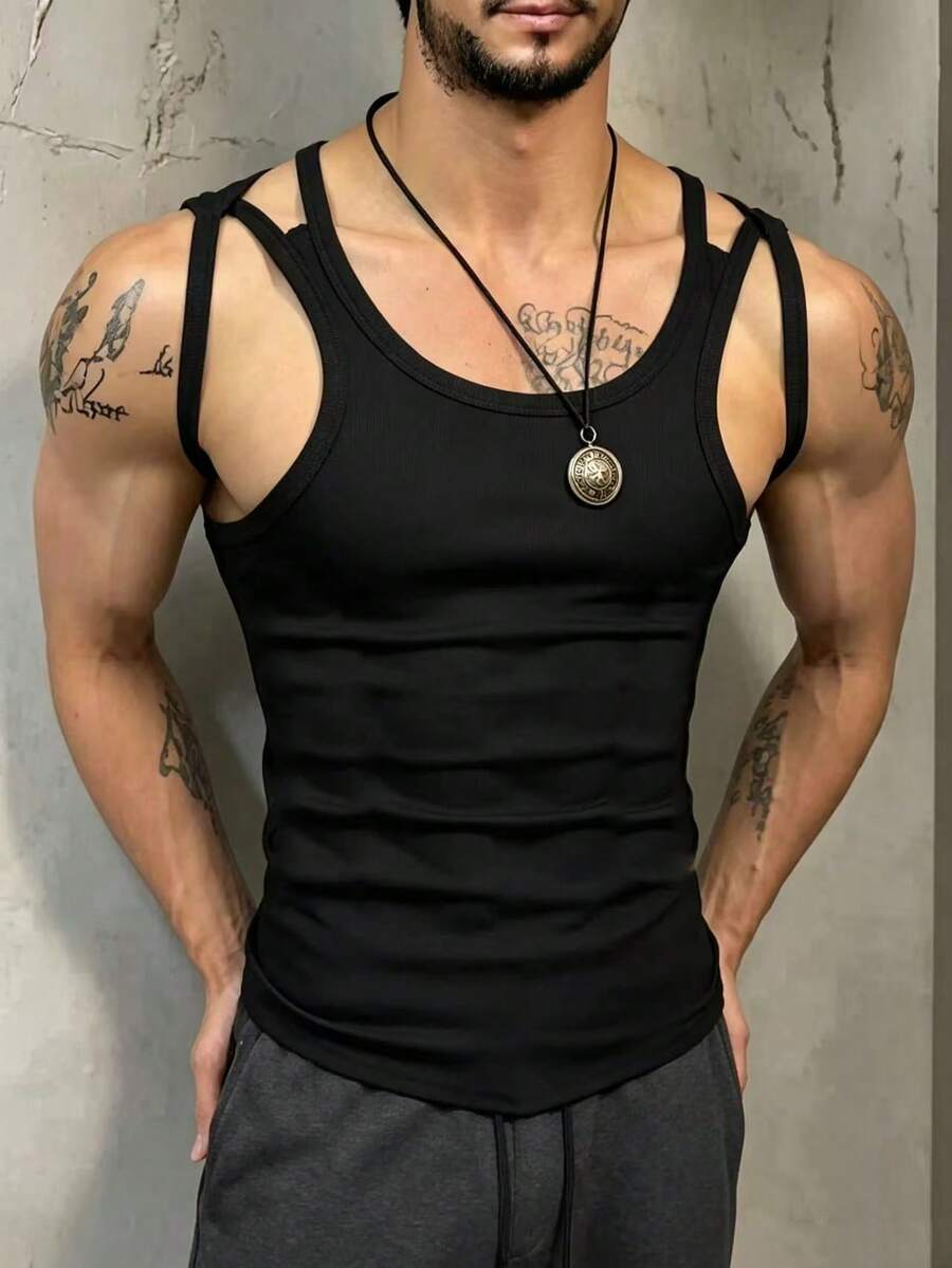 Manfinity Dauomo Áo ba lỗ nam ôm sát, khoét lỗ gợi cảm - màu đen - Xem 1