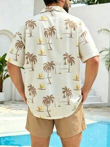 Manfinity KASUA Men's Coconut Tree & Sailboat Print Shirt And Shorts Beach Outfit - Khaki - View 2