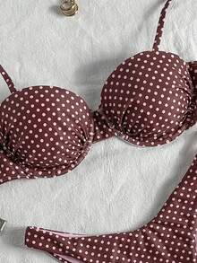 Swim Mod Conjunto de Bikini de 2 Piezas con Aros, Estampado de Lunares & Estampado Aleatorio, Traje de Baño Sexy para Vacaciones de Primavera/Verano - Multicolor - Ver 5
