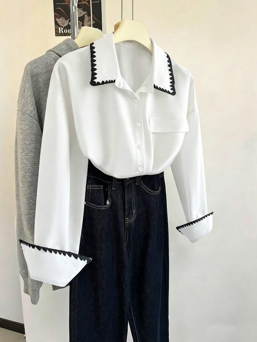 GlowEve CURVE Plus Size Women's Decorative Button Front Long Sleeve Elegant Office Shirt - White - View 1