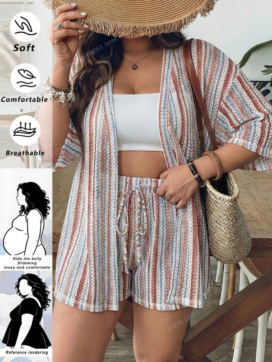 SHEIN CURVE+ Kích cỡ US22 (dành cho người có thân hình đầy đặn) Thích hợp cho lễ hội âm nhạc, kỳ nghỉ bên bờ biển, phong cách Bohemia. Bộ 2 món gồm áo kimono tay cánh dơi kẻ sọc và quần short dáng rộng dành cho nữ.