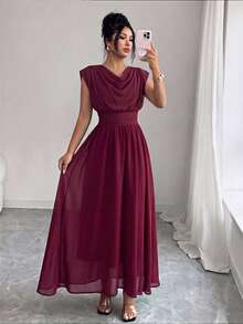 Modelyn Burgundy Chiffon Sleeveless Draped Neck Cinched Waist Long Flared Dress, Spring/Summer Dining Elegant Dining - Burgundy - View 9