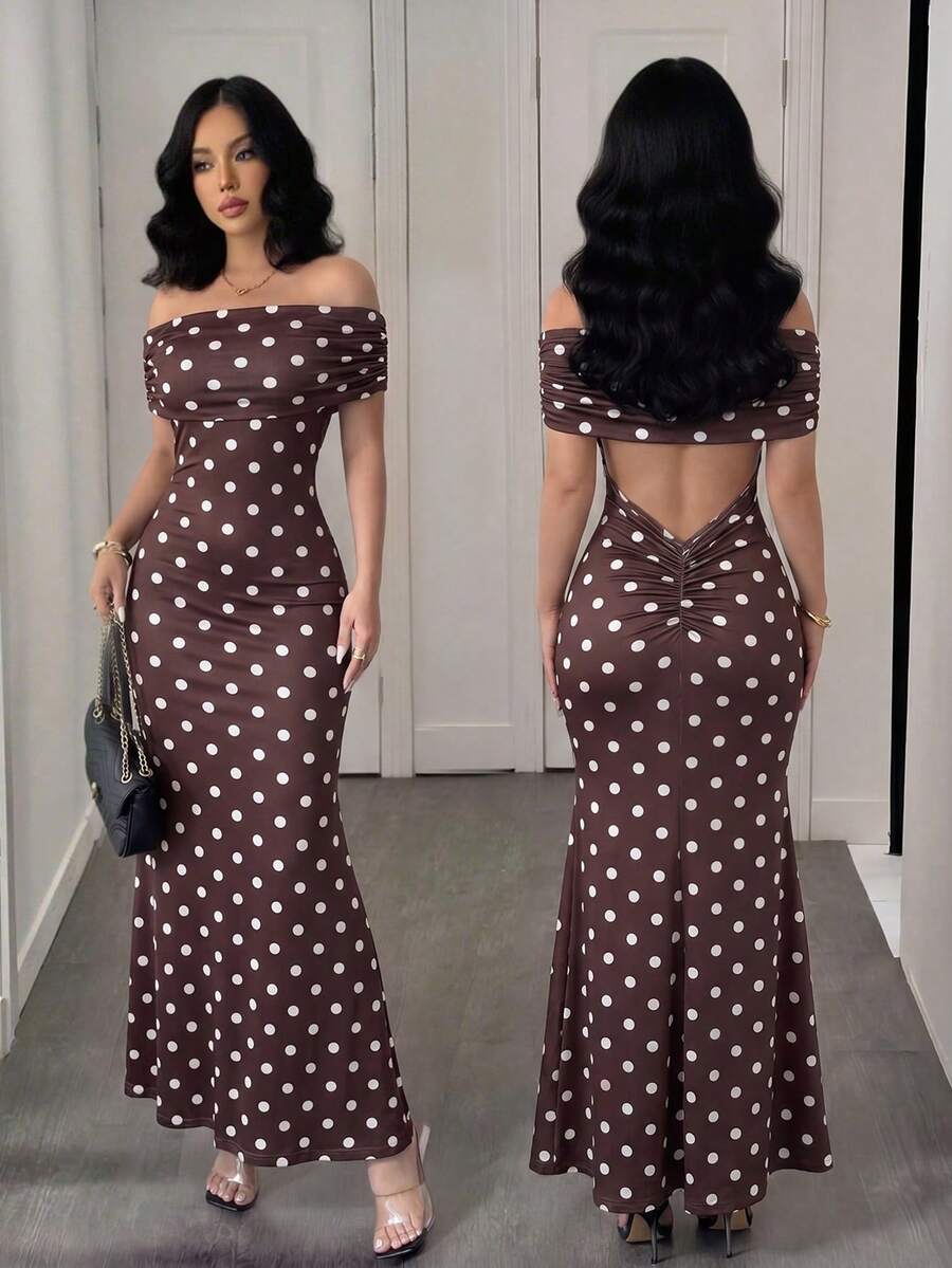SHEIN Raffinéa New Arrival Off-Shoulder Backless Fitted Mermaid Hem Elegant Dress - Brown - View 1