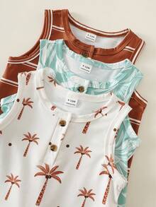 SHEIN 3pcs Unisex Baby Boy Spring/Summer Cute Coconut Tree And Striped Print Sleeveless Romper Shorts Multi-Pack, Spring/Summer Baby Boy Clothes 6pcs, Get 3 Pcs Random - Multicolor - View 3
