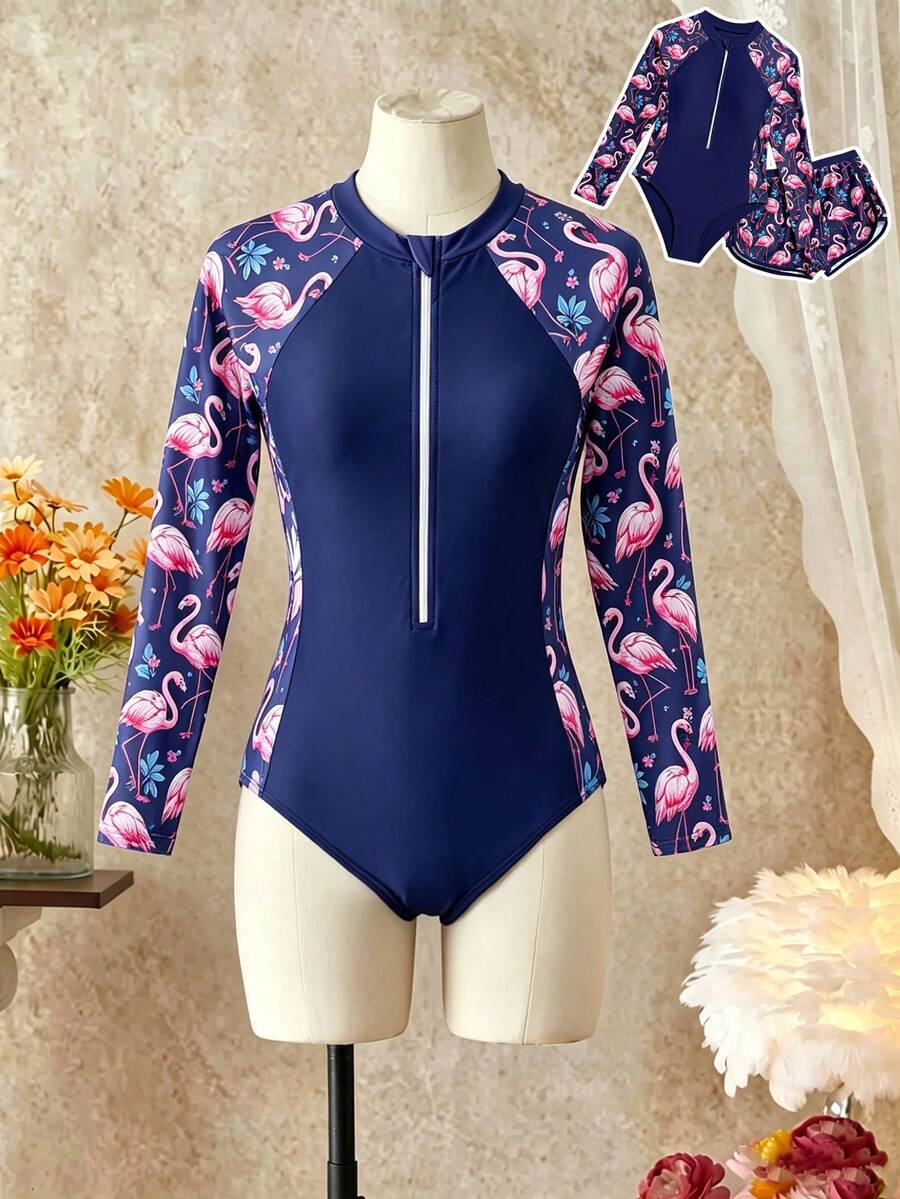 SHEIN 青少年女孩比基尼套裝,女孩泳裝套裝,度假與休閒風格,深藍色火烈鳥花卉泳裝,針織面料,長袖防曬泳裝,拉鍊式兩件套,印花連身泳裝配泳褲,時尚、休閒、精緻、優雅且淑女,適合游泳、夏季度假、海灘、海邊、游泳池、夏季派對及休閒活動 - 彩色 - 查看 1