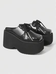 ROMWE Grunge Punk Giày sandal đế xuồng cao gót thời trang nữ, kiểu dáng punk mùa xuân thu, khóa kéo phía trước, buộc dây trang trí, một gót duy nhất, đa năng cho tiệc tùng, kỳ nghỉ, hộp đêm, hoạt động ngoài trời. - màu đen - Xem 3