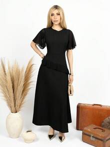 PRISCILA ESCOTO PRISCILA ESCOTO Novo vestido longo feminino texturizado, gola redonda, chiffon, patchwork, manga com babados, cintura justa, elegante e emagrecedor para encontros - Preto - Ver 1