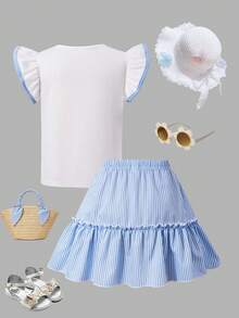 2pcs/Set Young Girl' Ruffle Sleeve Top With Interesting Ice Cream Print White Skirt Summer - Multicolor - View 8