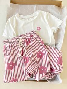 SHEIN EZwear 两件套：刺绣圆领短袖上衣和条纹印花长裤，休闲款 - 粉色 - 查看 7