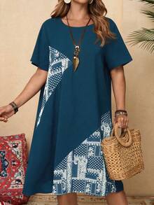 Rusticease Plus Size Solid Color Printed Patchwork Round Neck Short Sleeve Dress - Teal Blue - View 3