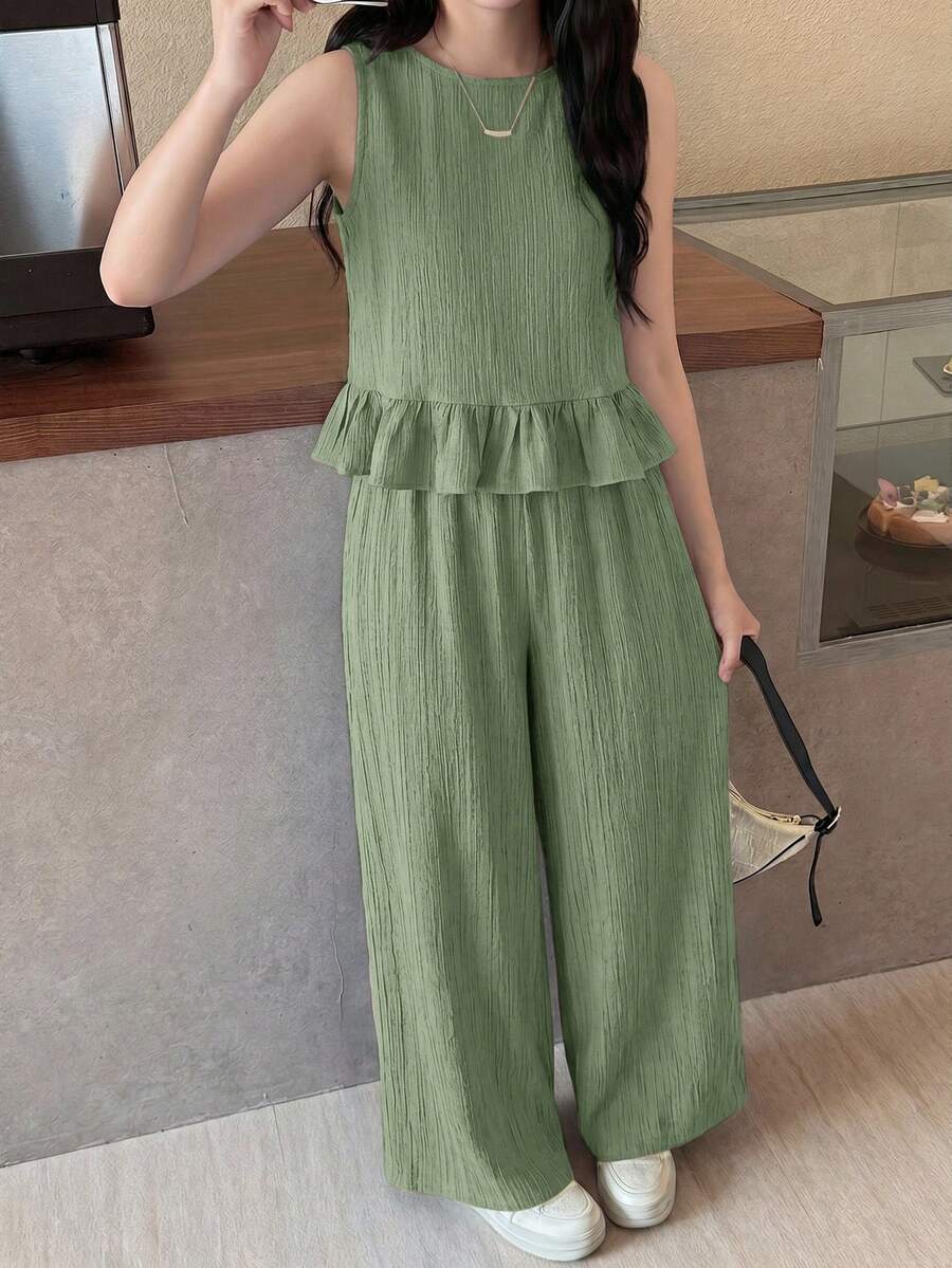 SHEIN 少女春夏休闲度假时尚编织纹理绿色无袖上衣搭配直筒裤套装,适合度假、派对、优雅场合、返校季、春季户外野餐、日常穿着。 - 綠色 - 查看 1