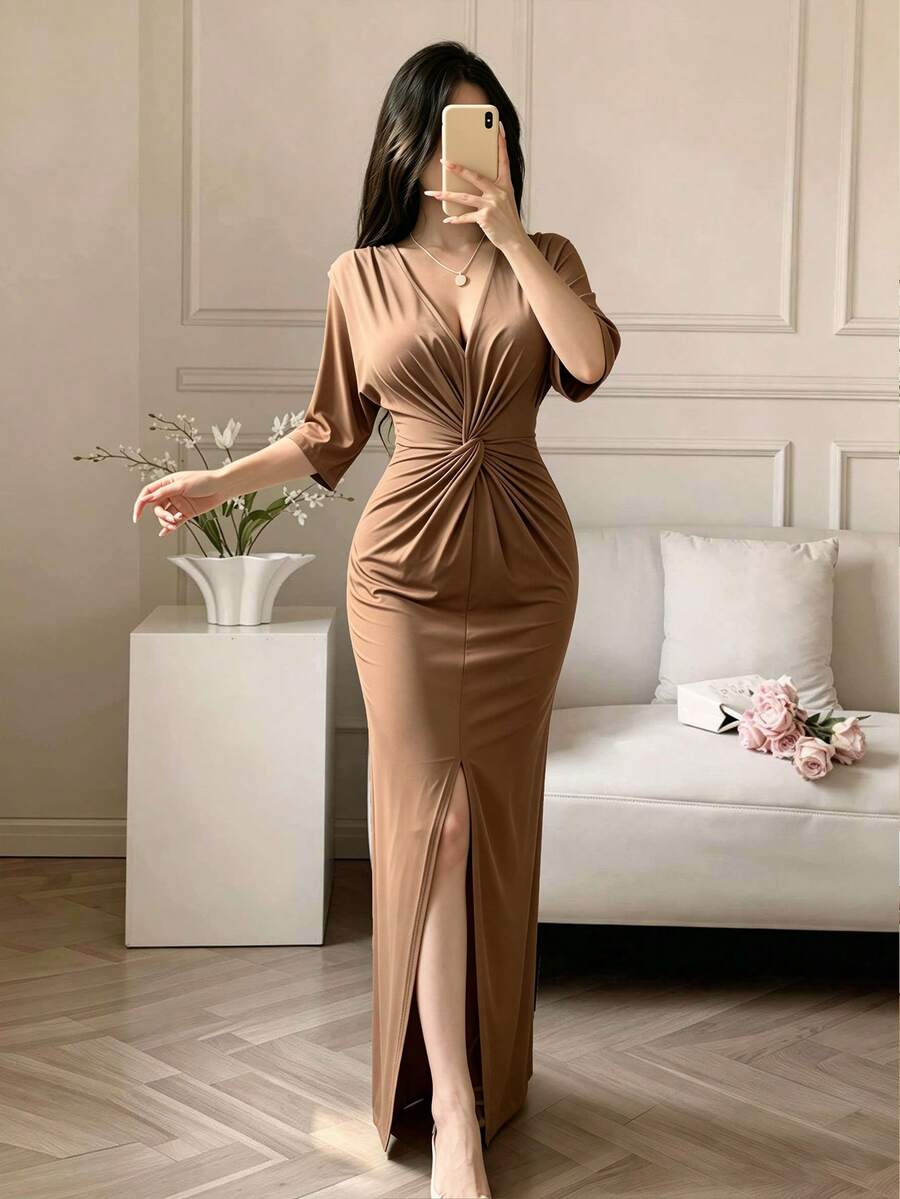 Celisse Đầm ôm sát cổ chữ V thiết kế xoắn khoét thanh lịch - màu nâu - Xem 1