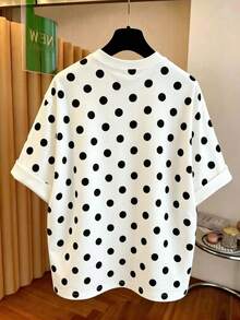 EMERY ROSE Plus Size Women's Summer Casual Vacation Style Polka Dot Print Loose Drop Shoulder Plus Size T-Shirt - White - View 2