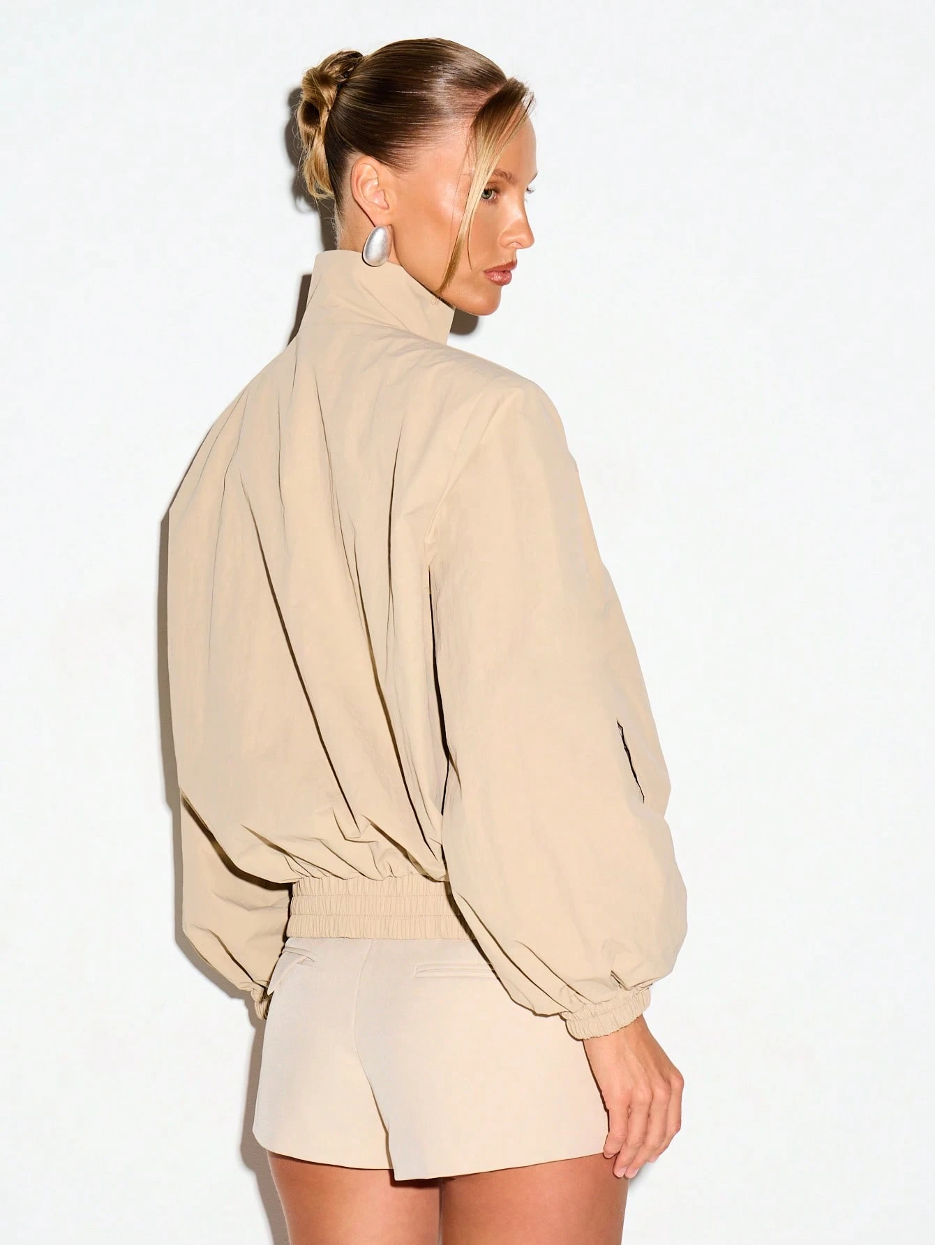 Funnel Neck Windbreaker Jacket With Shoulder Pads