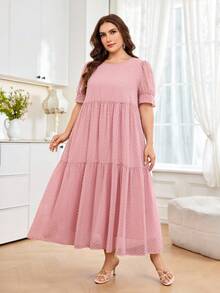 Al Najma Women's Round Neck Short Sleeve Chiffon Cutout Flared Hem Elegant Asian Romantic Plus Size Arabic Dress Wedding Summer - Pink - View 5