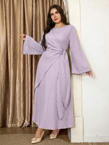Veilorie Plus Size Solid Color Round Neck Flare Sleeve Elegant Long Dress For Summer Fall - Mauve Purple - View 7