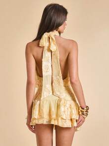 SHEIN BAE Apricot Halter Neck Layered Ruffle Hem Embroidered Mini Dress, Elegant High-End Party & Date Outfit,Dresses For Women Summer - Apricot - View 2