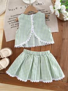 Emery Rose Kids Young Girl Plaid Print Round Neck Tank Top And Mini Skirt Cute Fashion Set, Outdoor Casual Daily Elegant Holiday Wear - Green - View 2