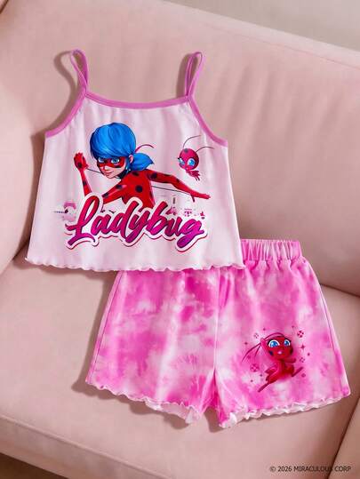 Miraculous Ladybug X SHEIN Bộ đồ ngủ bé gái in hình hoạt hình gồm áo hai dây và quần short