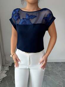 Balvessa Blus Lengan Pendek Wanita Musim Panas Terbaru, Elegan, untuk Liburan & Kantor, dengan Aplikasi Patchwork Jala - Navy Blue - View 5