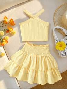 SHEIN Tween Girls Spring & Summer Sleeveless Knit Jacquard Textured Camisole Top With Ruffle Hem A-Line Skirt Shorts 2-Piece Set, Light Yellow - Yellow - View 3