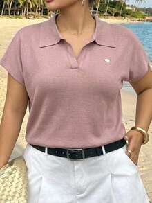 Dazy Plus Plus Size Women Casual Loose Solid Color Half-Placket Short Sleeve Knit Top, Suitable For Spring And Summer Commuting - Baby Pink - View 4