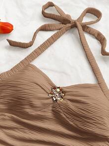 Soleia Damen Urlaubs-Strick-Textur V-Ausschnitt Floral Metall Dekor Träger Crop Top und Super Kurze Shorts 2 Stücke Set, geeignet für Party, Weihnachten, Date, Nachtclub, Strand, Kreuzfahrt, Nachmittagstee, Bohemian, Boho, Urlaub, Herbst - Khaki - Übersicht 5