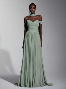 Elitara Elegant Strapless Mesh Gown,Fishbone Decor Front Slit Ruffle Trim Flared A-Line Silhouette With Train,Formal Party Bridesmaid Evening Dress In Blue - Green - View 6